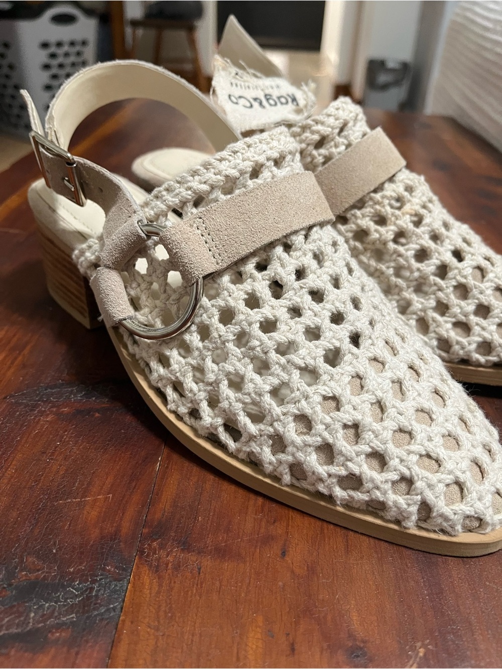 Rag &co Cream Crochet Slingback Mules with Ring Accent